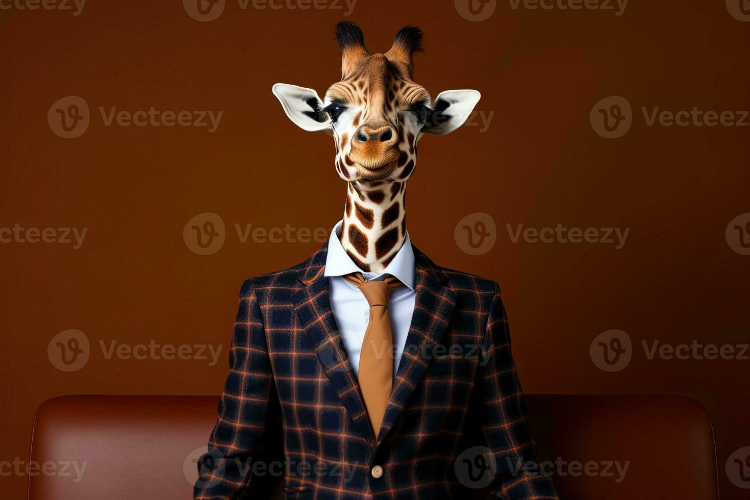 retrato de un jirafa en un traje y Corbata en un negro antecedentes. antropomórfico jirafa.ai generativo foto
