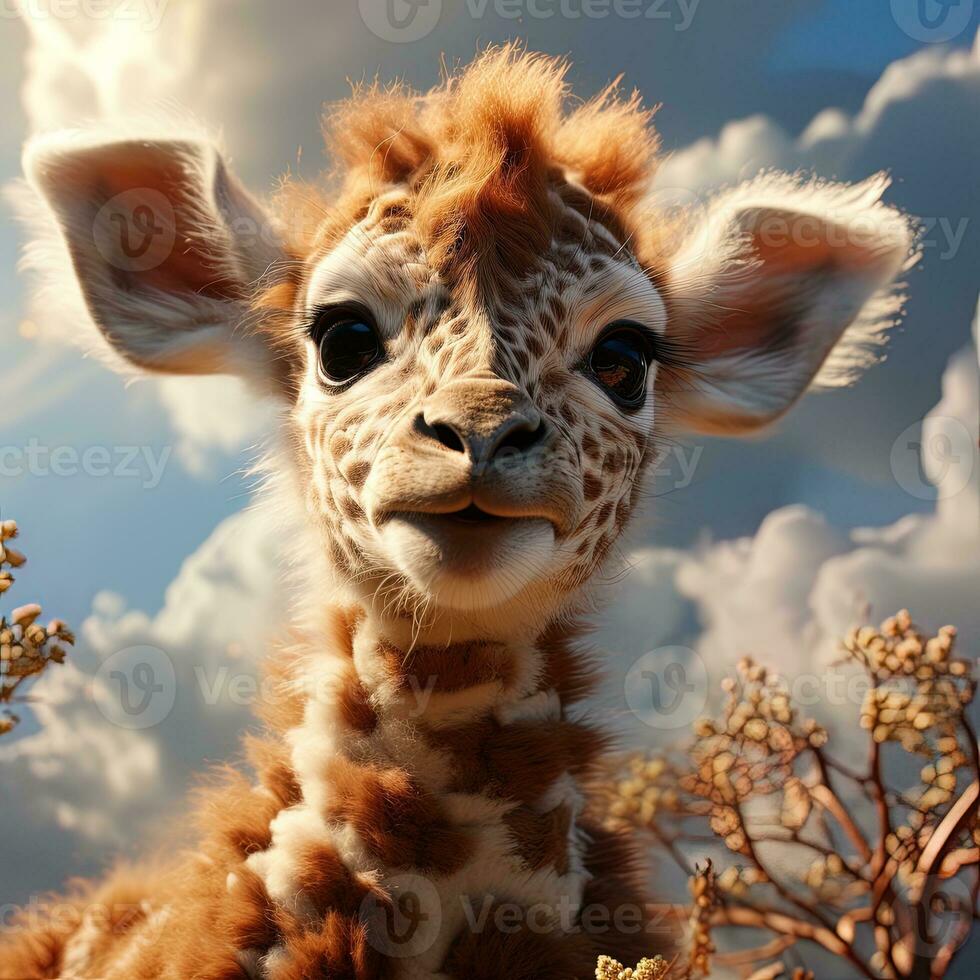 Cute baby giraffe with big eyes and clouds of smoke on background. AI generative photo