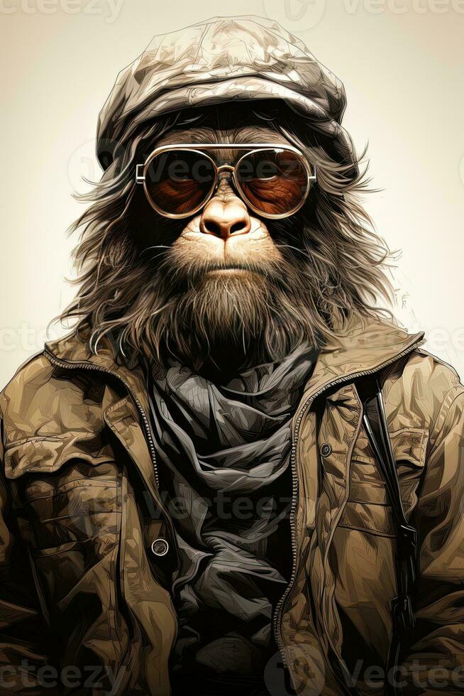 retrato de un mono en un cuero chaqueta y aviador sombrero. ai generativo foto