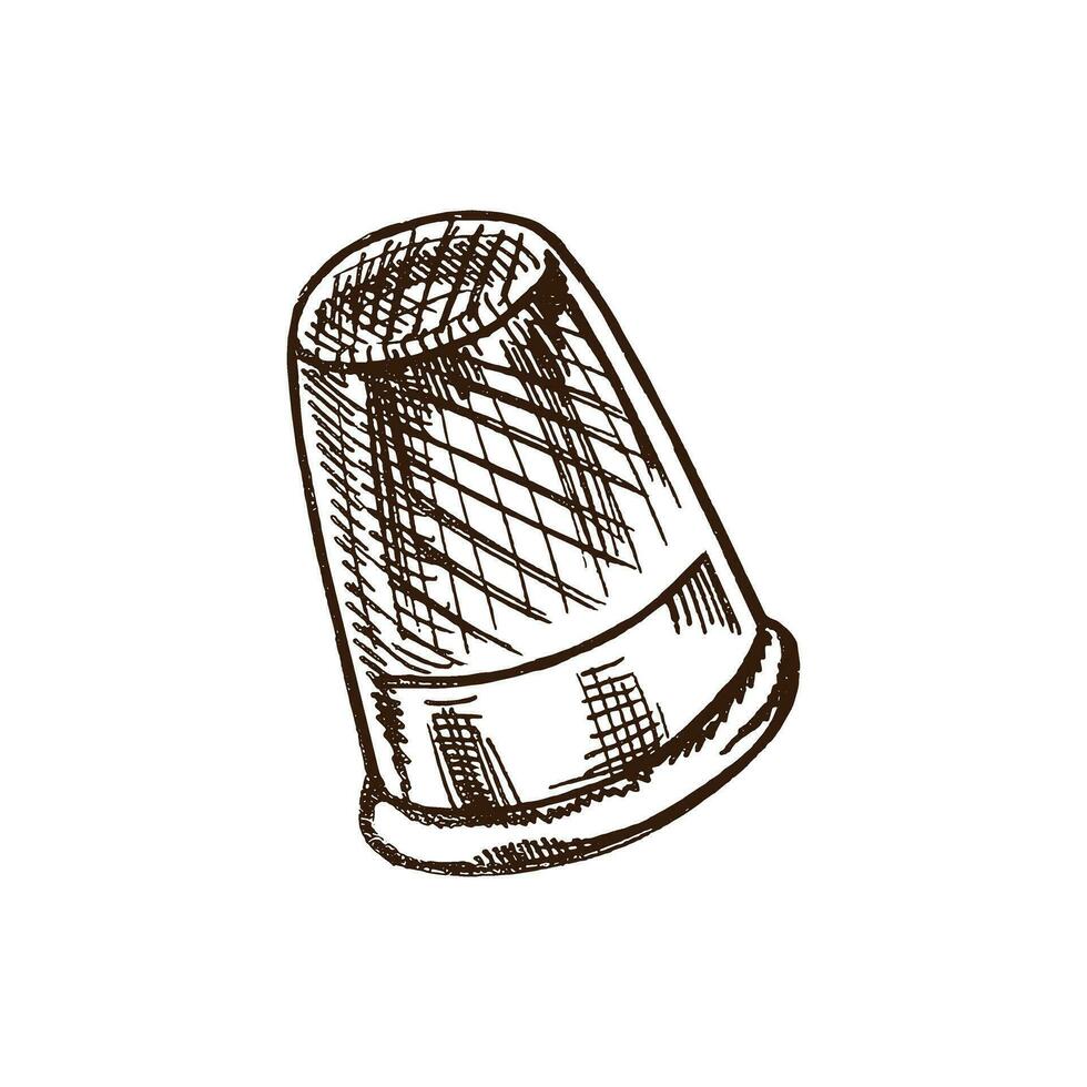 Hand-drawn sketch of sewing thimble. Handmade, sewing equipment concept in vintage doodle style. Engraving style. vector