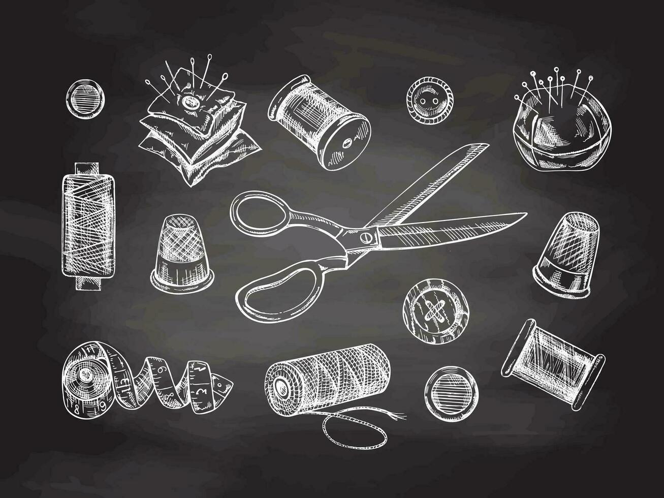 Vintage set of hand drawn sewing icons on chalkboard background. Vector illustrations in sketch style. Handmade, sewing equipment concept in vintage doodle style. Engraving style.