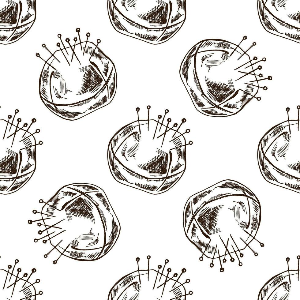 Seamless pattern of hand drawn pincushion with needles and pins. Handmade, sewing equipment concept in vintage doodle style. Engraving style. vector