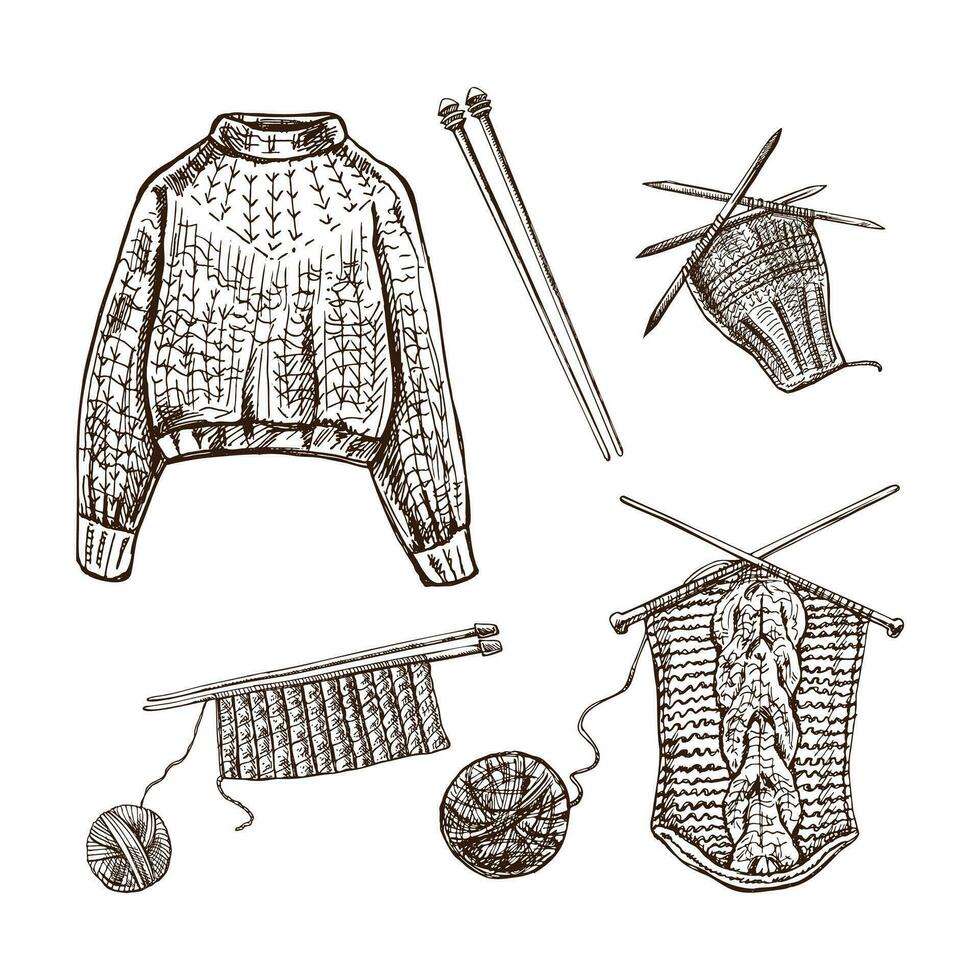 Vintage set of hand drawn knitted sweater, sock, knitting process, knitting needles icons.  Handmade, sewing equipment concept in vintage doodle style. Engraving style. vector