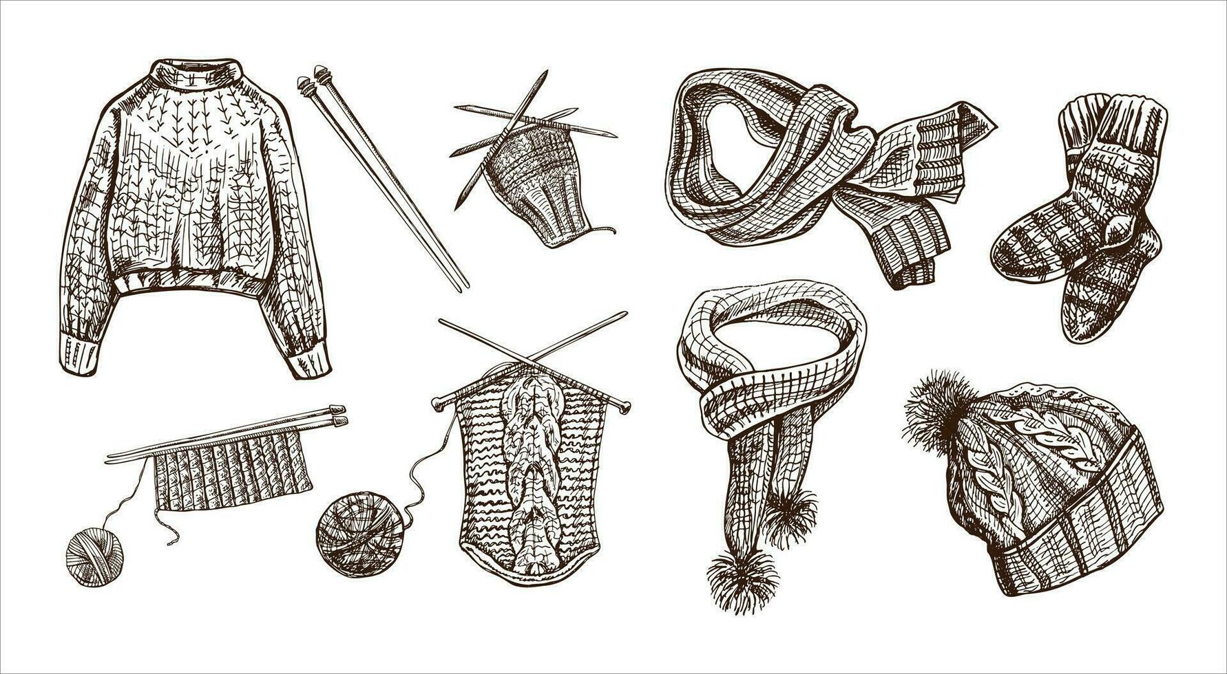 Clásico conjunto de mano dibujado de punto suéter, medias, bufanda, sombrero, tejido de punto proceso, tejido de punto agujas iconos hecho a mano, de coser equipo concepto en Clásico garabatear estilo. vector