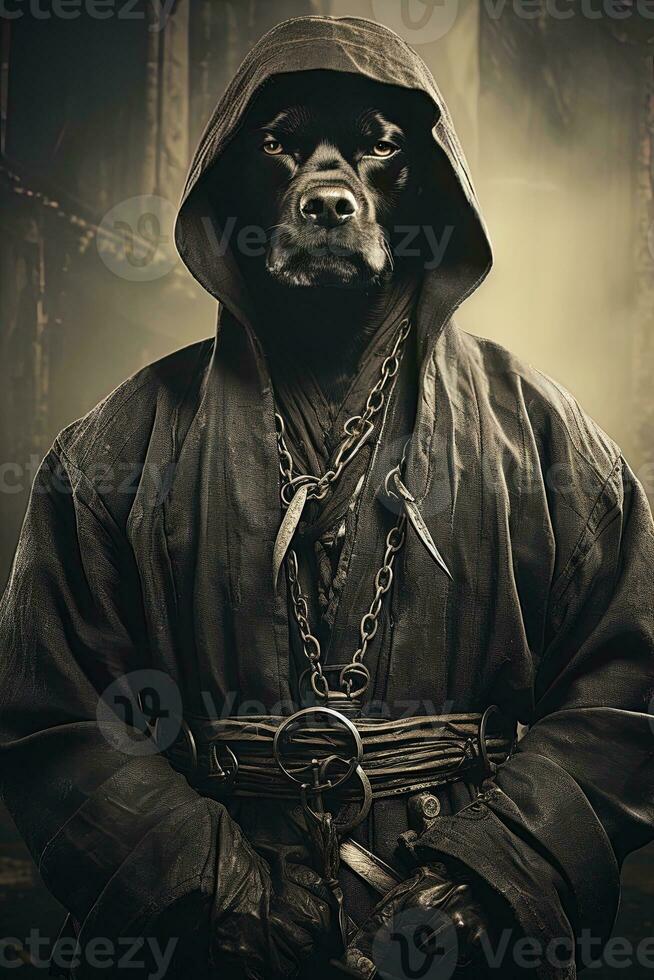 Dog with glasses on black background. dog in the steampunk costume. AI generative photo