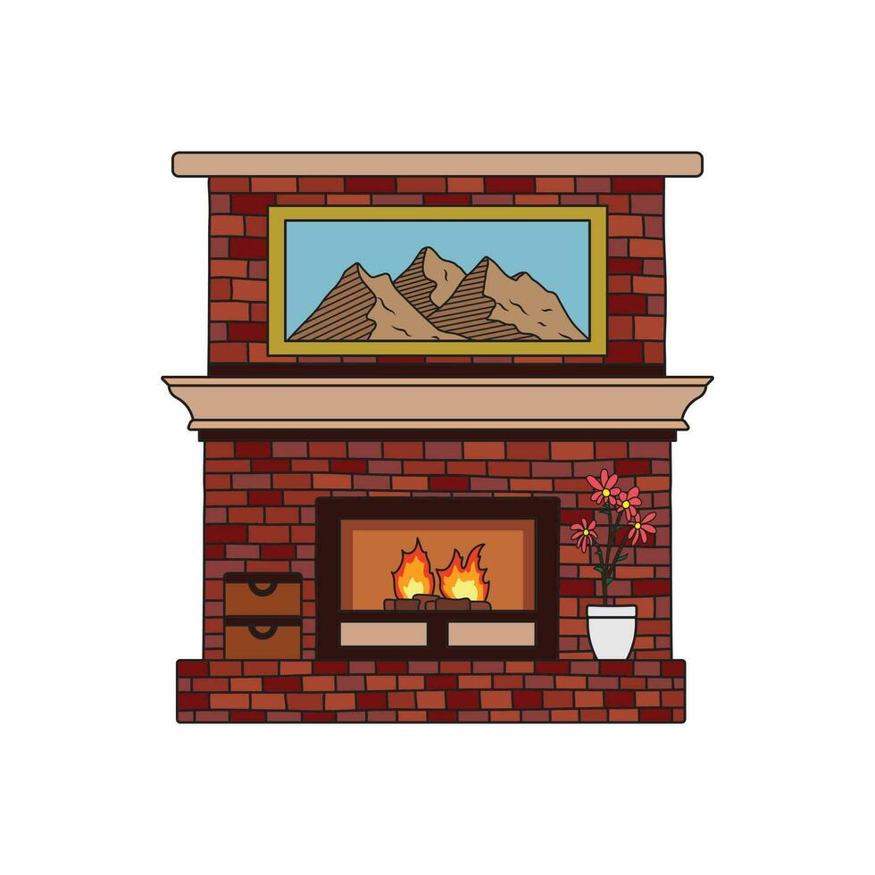 Kids drawing Cartoon Vector illustration fireplace with art above Isolated on White Background