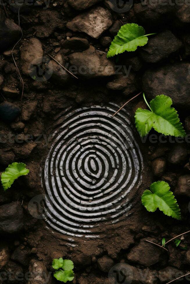 conceptual imagen de un espiral en el suelo con verde hojas. ai generativo foto