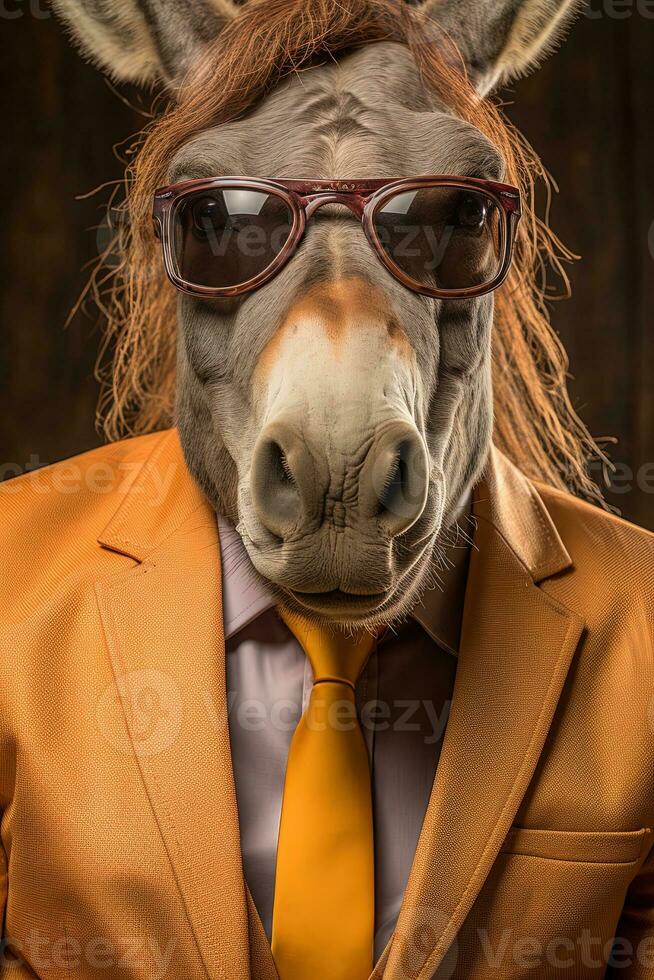 Portrait of a funny donkey wearing sunglasses and a suit. AI generative photo