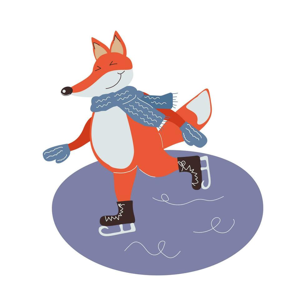 un gracioso dibujos animados zorro personaje en un bufanda y mitones patines en el hielo. vector dibujos animados ilustración para tarjetas, para niños libros, invitaciones