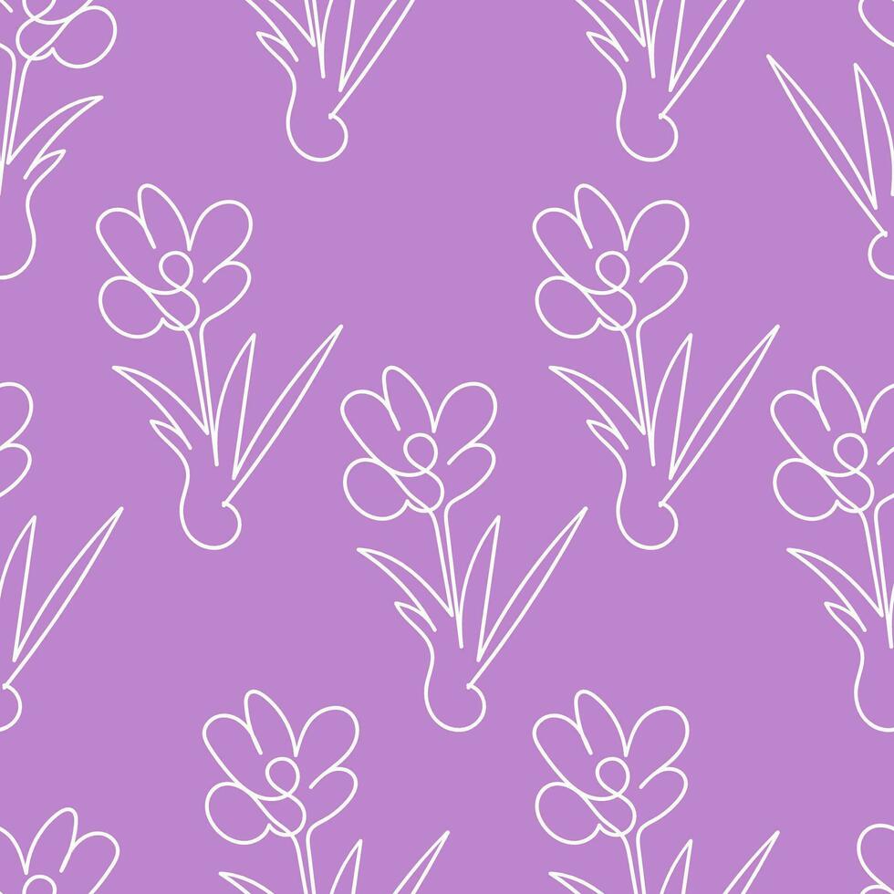 Seamless pattern white contour flowers crocuses on a lilac background, continuous line. Doodle vector illustration for packaging, textile, wallpaper