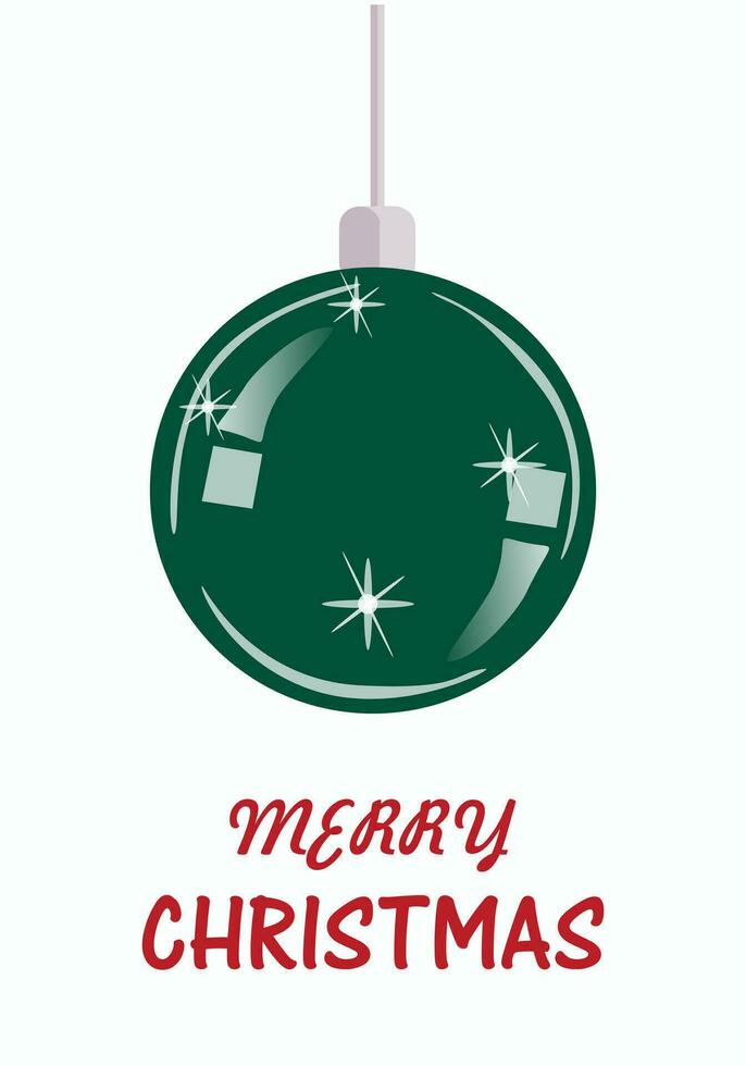 Festive white background with green Christmas glass ball and text Merry Christmas. Vector illustration for banners, invitations, greeting cards