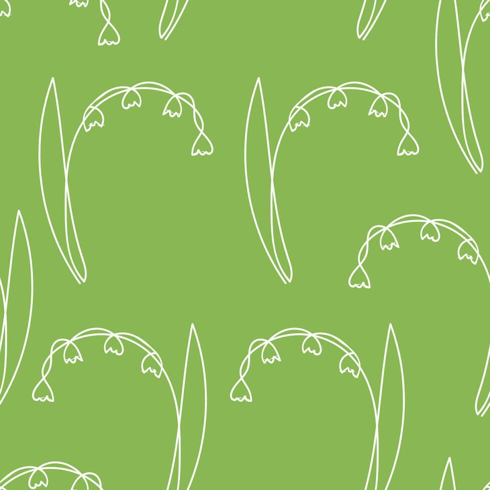 Seamless pattern white contour flowers lilies of the valley on a green background, continuous line. Doodle vector illustration, background for packaging, textile, wallpaper