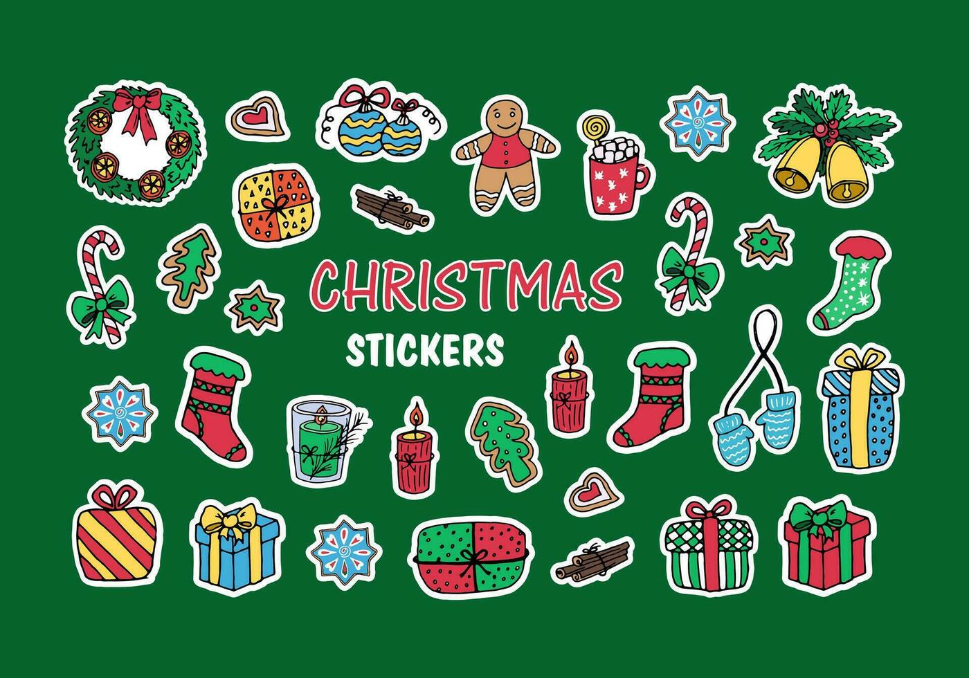 Set of stickers - Christmas elements, vector doodle illustration. Wreath, cookies and gingerbread, hot chocolate, Christmas balls, candles, bells, gifts, sugar cane, mittens, socks, cinnamon