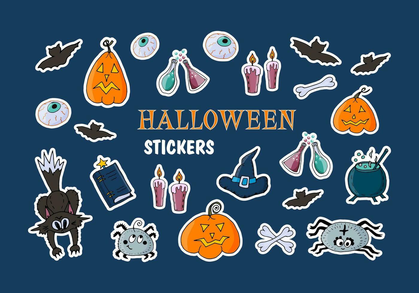 Set of stickers - elements of the Halloween holiday pumpkins, eyes, bats, book of spells, bones, cauldron and flasks with potion, witch hat, candles, spiders. Vector doodle illustration