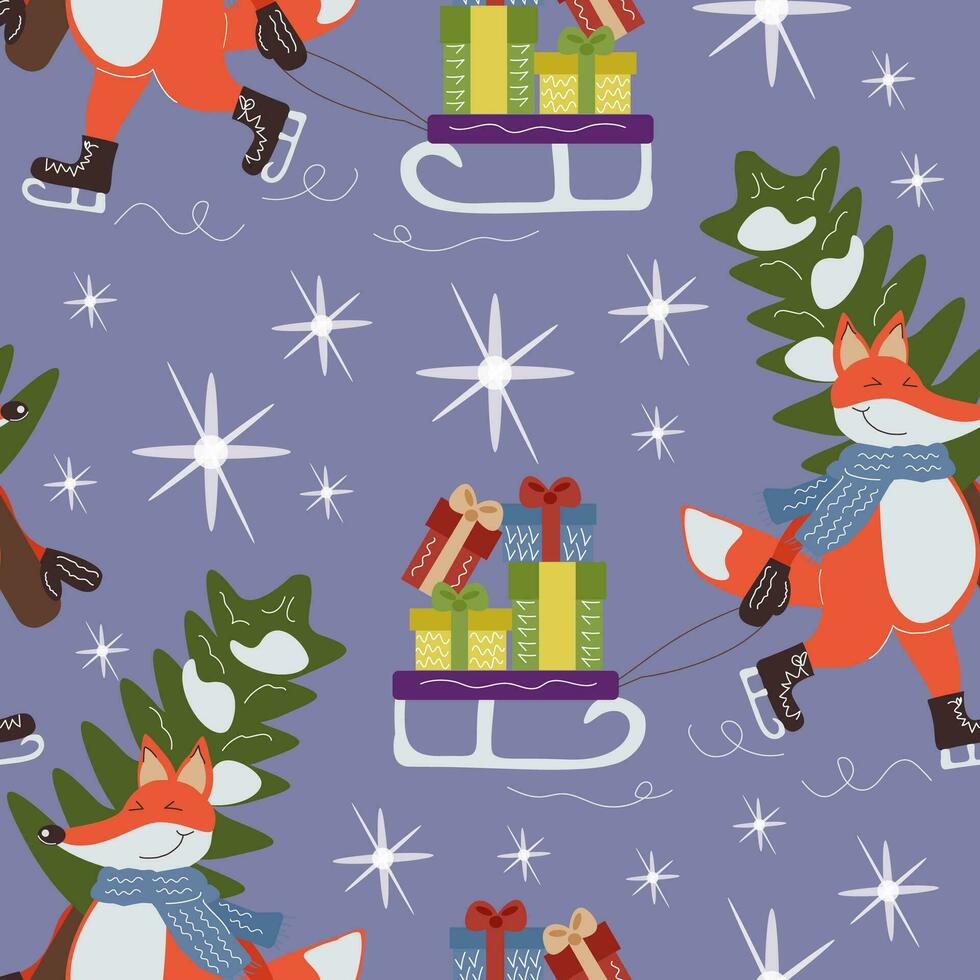 Seamless pattern A funny cartoon character of a fox on skates comes from the forest with a Christmas tree and a sleigh with gifts. Vector cartoon illustration background for packaging, wallpaper