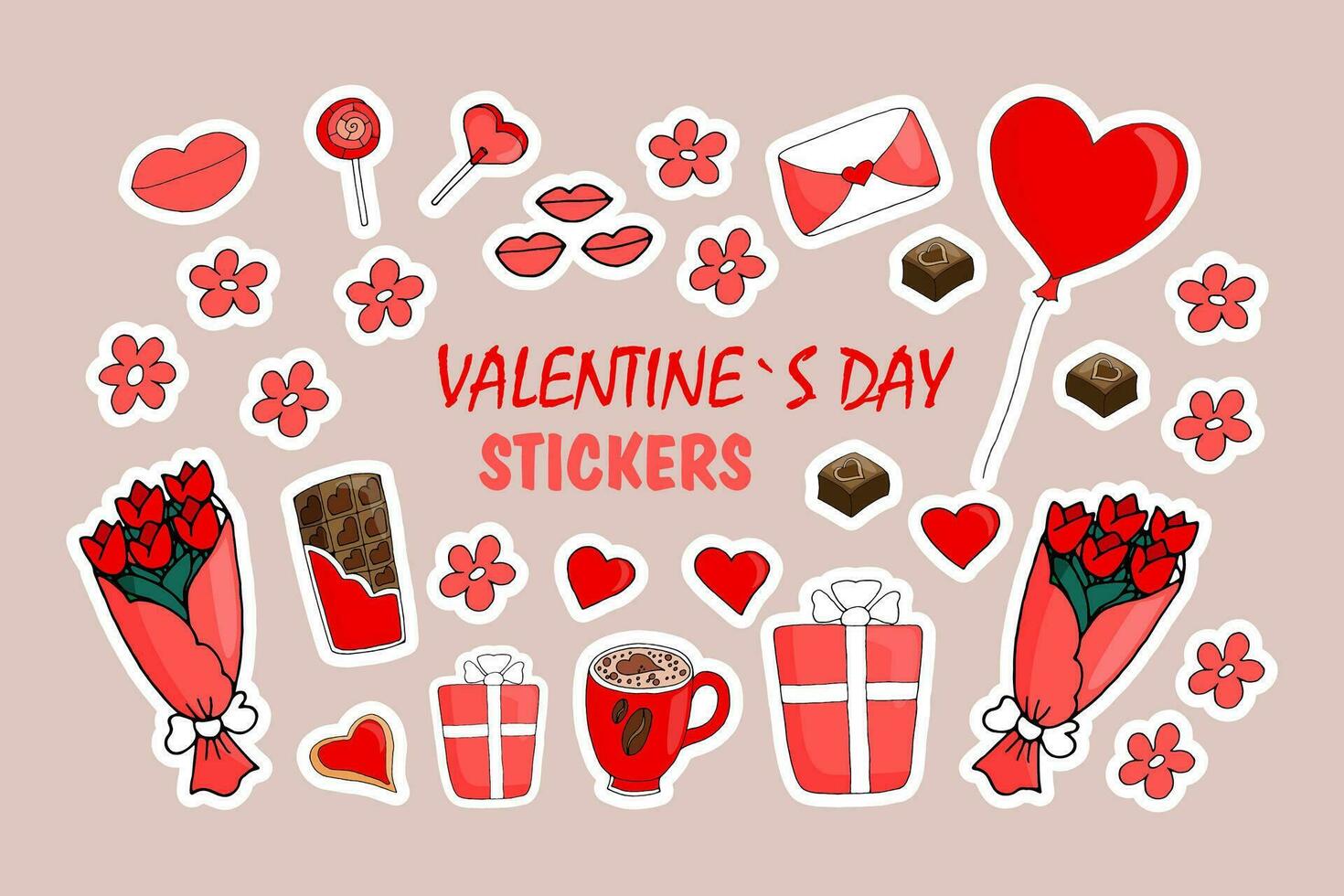 Set of stickers - romantic love elements for the holiday Valentine's Day. Vector doodle illustration