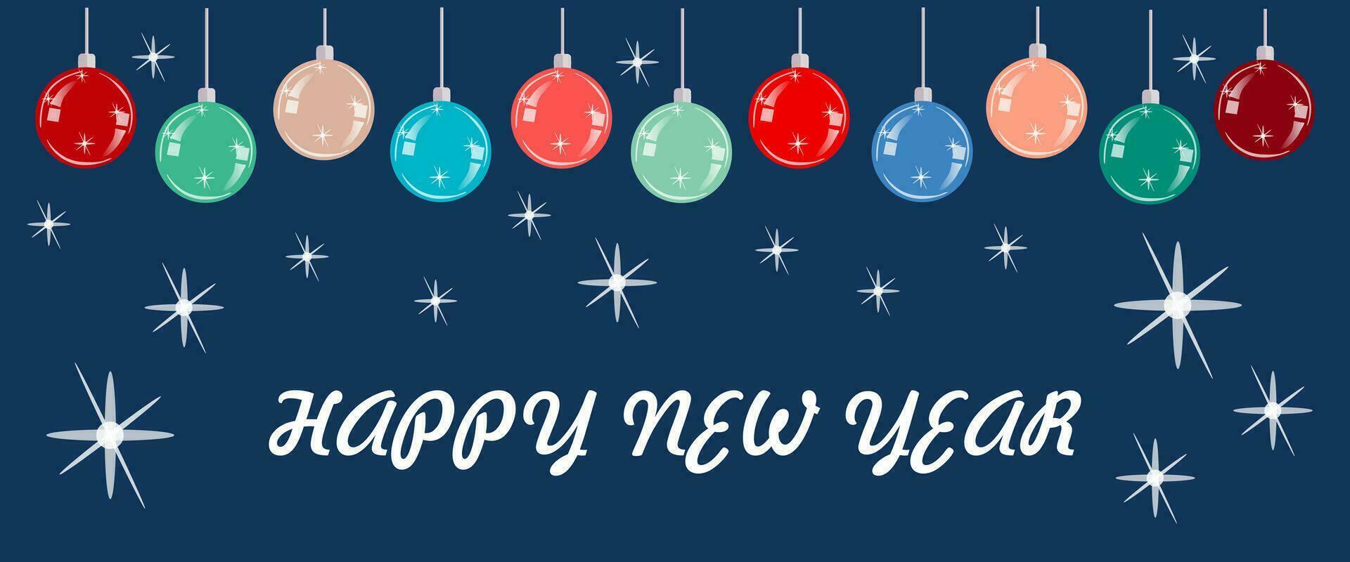 Festive dark blue background with a garland of multi-colored Christmas glass balls and the inscription Happy New Year. Vector illustration for banners, invitations, greeting cards