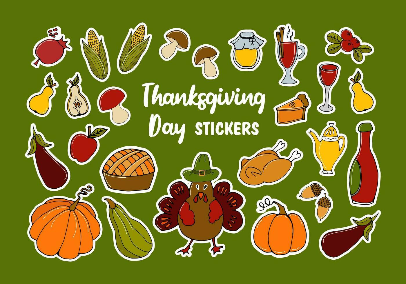 vector doodle illustration Set of stickers - Thanksgiving Day elements. autumn harvest festival vegetables, fruits, cake, honey, acorns, turkey, mushrooms, wine and tea