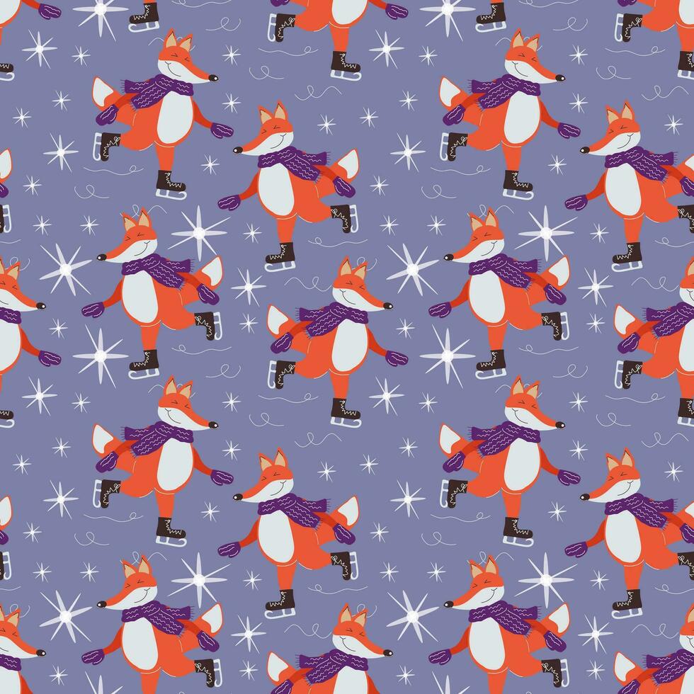 Seamless pattern of a happy fox in mittens and a scarf skating on the ice. Vector cartoon illustration, winter purple background for packaging, wallpaper