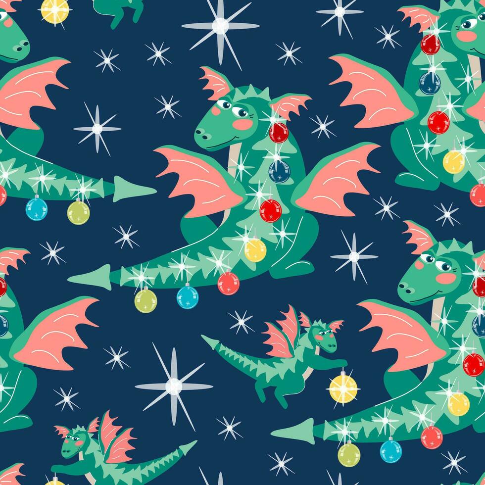 Seamless pattern of green winged dragon as a Christmas tree with a baby. Vector cartoon illustration of blue New Year background with 2024 symbol for packaging, wallpaper