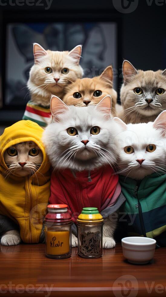 gatos en un café gatos reunión en un café con comidas ai generativo foto