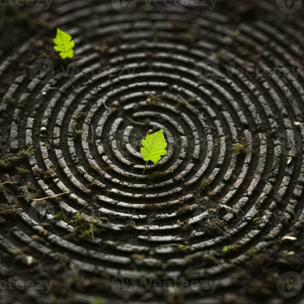 conceptual imagen de un espiral en el suelo con verde hojas. ai generativo foto