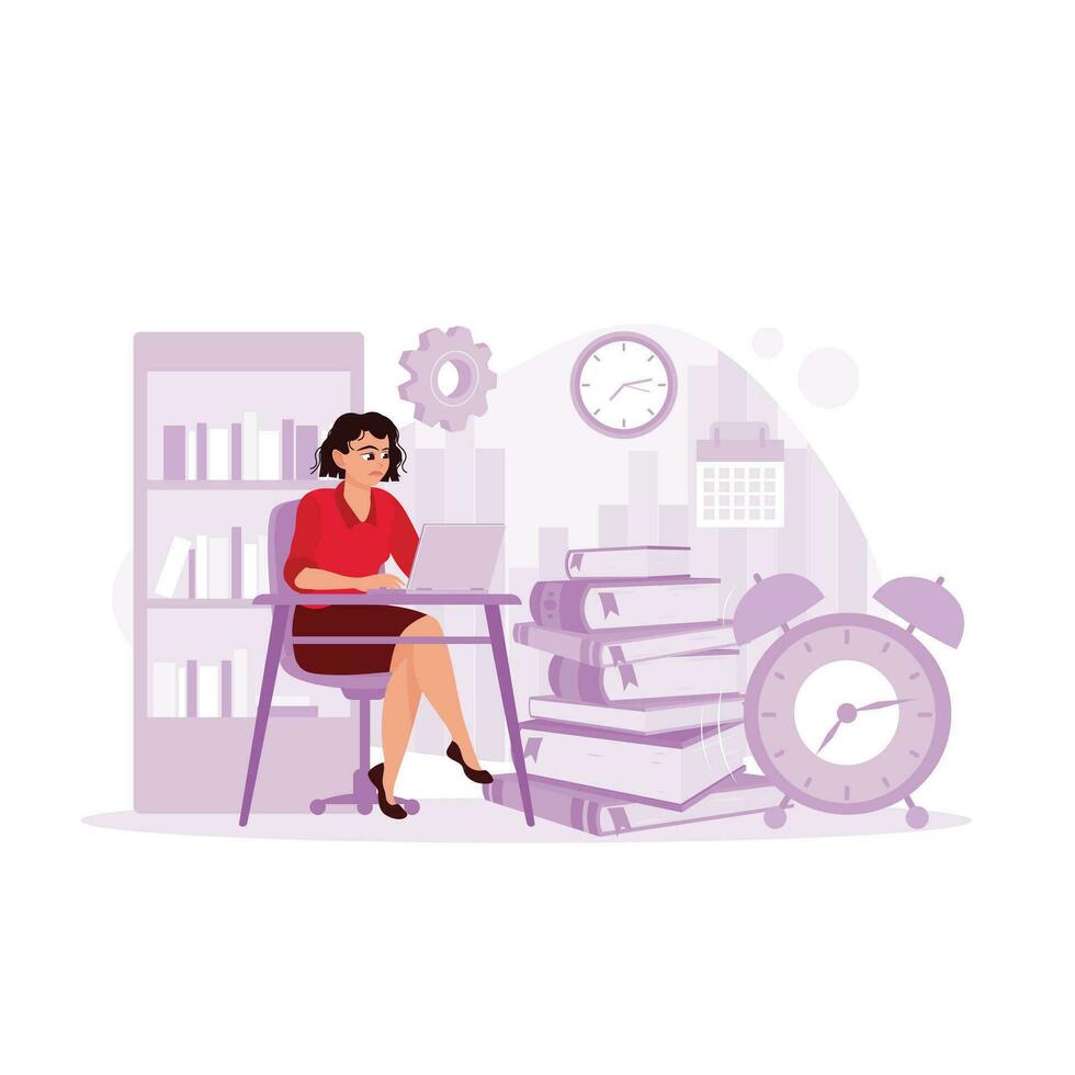 A female employee who is very busy with work documents that must be completed on time. Deadline concept. Trend Modern vector flat illustration