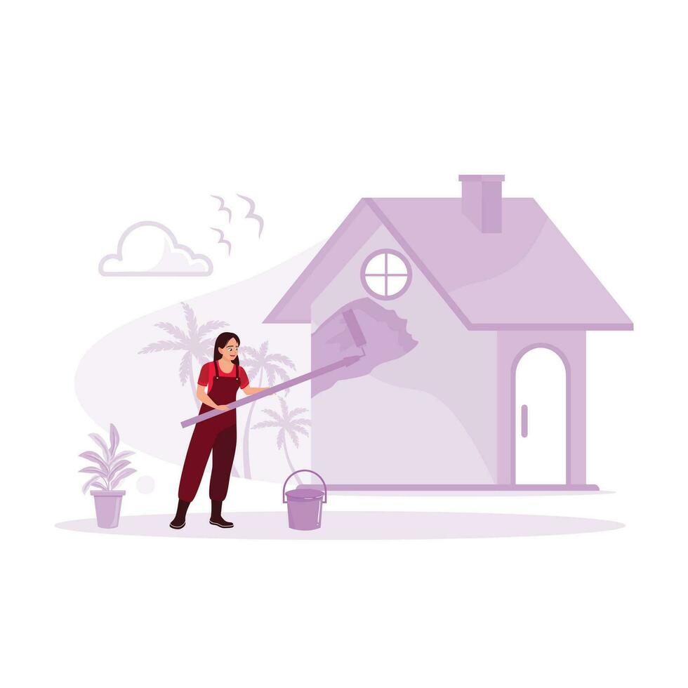 un joven mujer pinturas el exterior de su nuevo casa utilizando un pintar rodillo. hogar renovación concepto. tendencia moderno vector plano ilustración