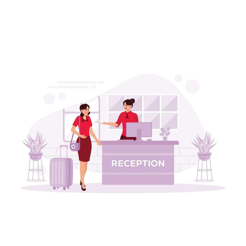 The receptionist smiled, stood at the counter, and gave documents to hotel guests. Hotel Receptionist Concept. Trend Modern vector flat illustration