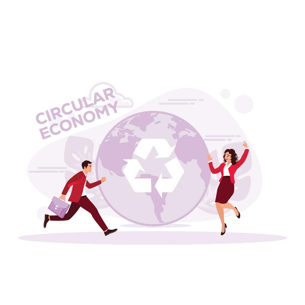 The businessman is standing in front of the globe with a circular economy symbol. Circular Economy concept. Trend Modern vector flat illustration