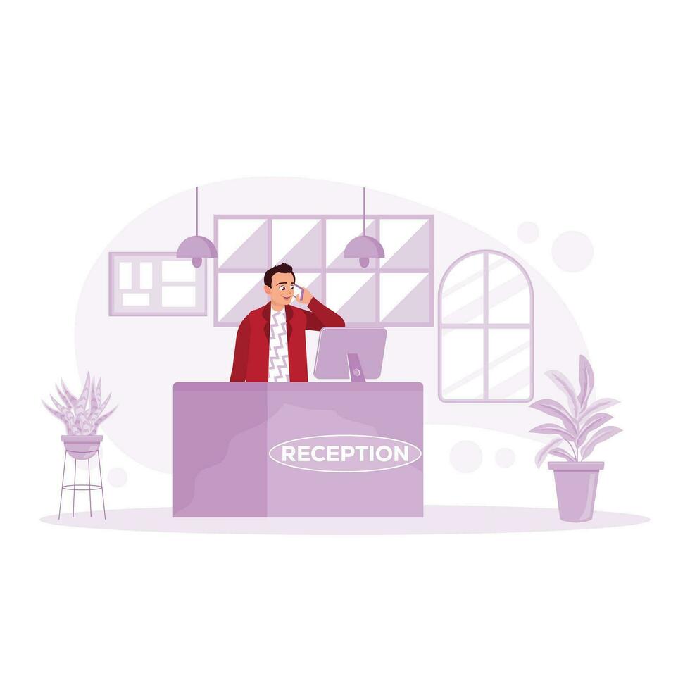 un simpático masculino recepcionista recibe un teléfono llamada a el trabajo escritorio. hotel recepcionista concepto. tendencia moderno vector plano ilustración