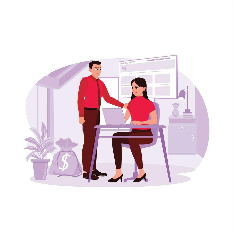 A husband and wife shop online through a laptop at home. Online Shopping concept. Trend Modern vector flat illustration