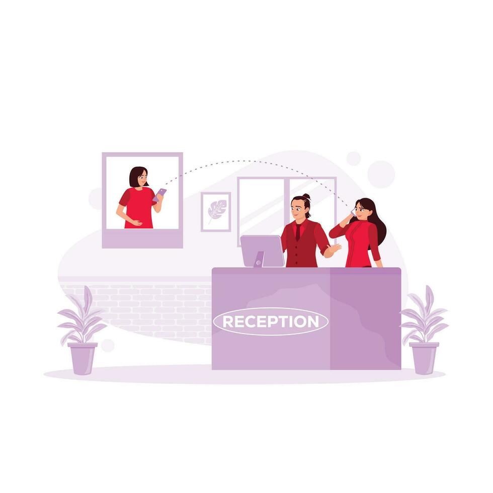 Two receptionists work at the counter, serving clients via telephone calls and data on computers. Hotel Receptionist Concept. Trend Modern vector flat illustration