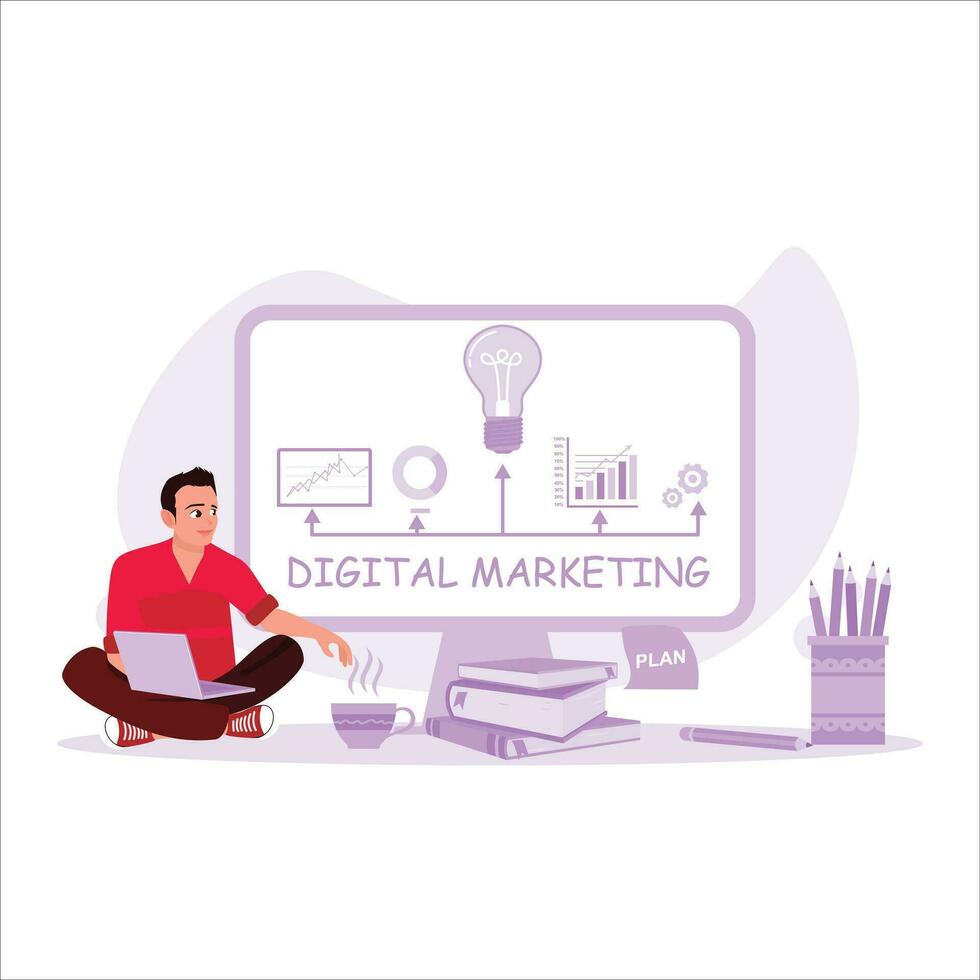 Business man planning and brainstorming on his new project. Marketing Digital Technologies concept. Trend Modern vector flat illustration