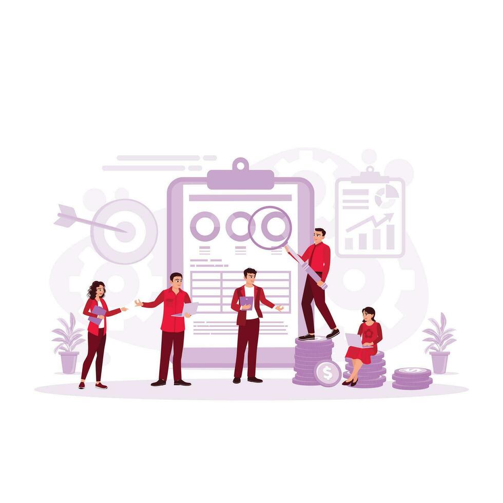 Diverse business team examining company financial charts and documents. Accounting concept. Trend Modern vector flat illustration
