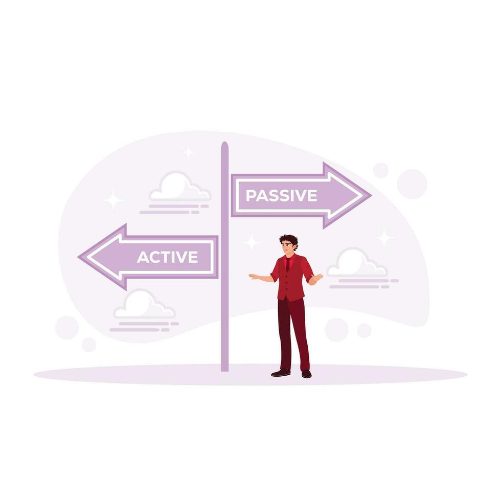 The man standing next to the direction of a passive or active path to success. Active Income concept. Trend Modern vector flat illustration