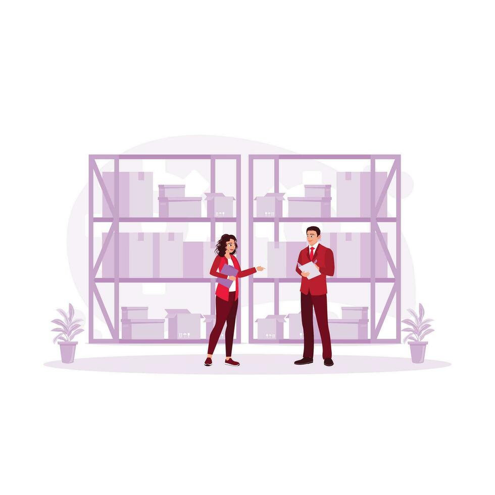 Male female inventory manager checking and recording stock of goods in the warehouse. Storage concept. Trend Modern vector flat illustration