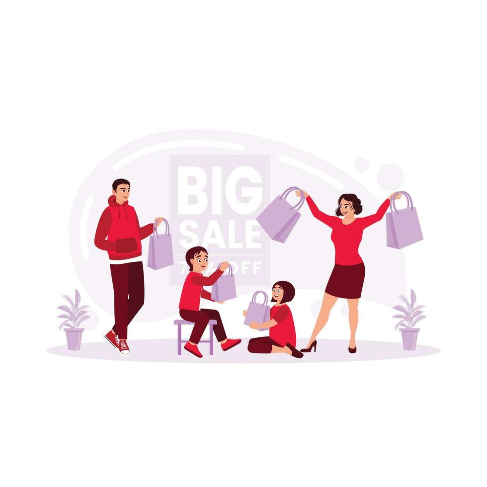 Happy family shopping. Each of them carried a shopping bag. Big Sale concept. Trend Modern vector flat illustration