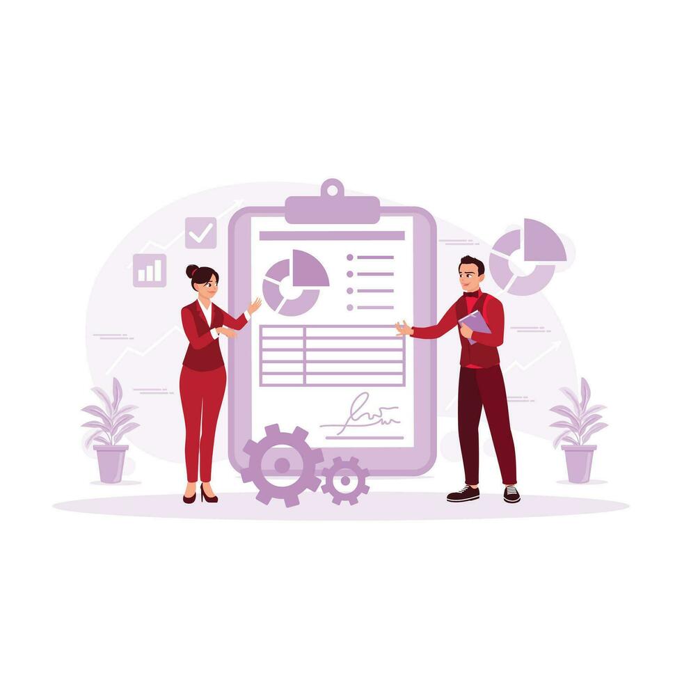 Business people discuss charts and graphs about successful work results in the office. Project Management Concept. Trend Modern vector flat illustration