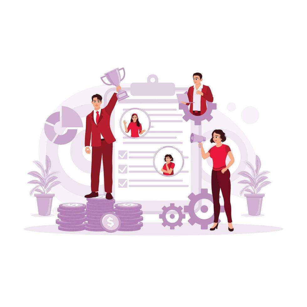 A businessman is standing on a pile of coins holding a trophy. Solid work team. Project Management Concept. Trend Modern vector flat illustration