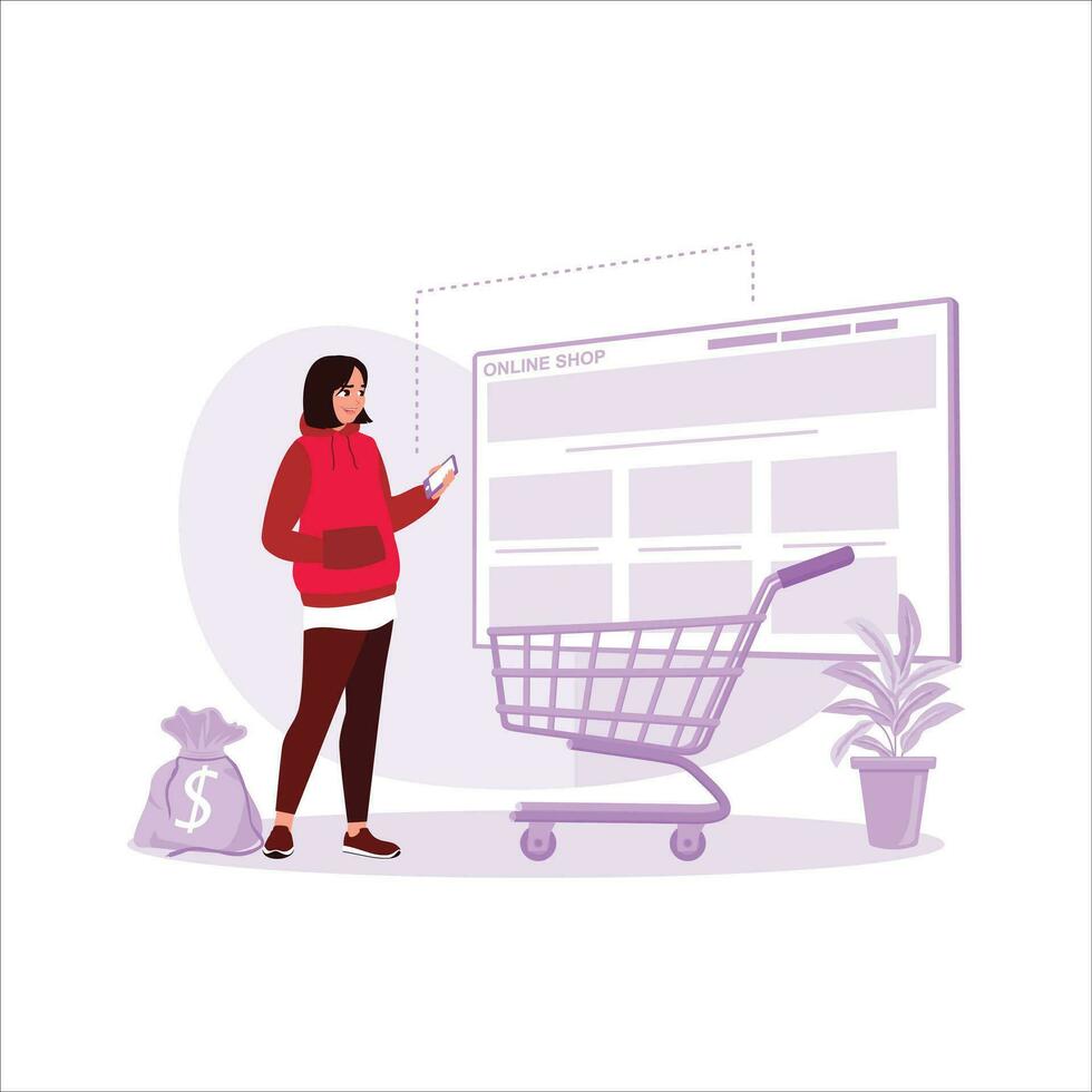 A woman is viewing an online shopping site on her cell phone, she selects items to cart and pays online. Online Shopping concept. Trend Modern vector flat illustration