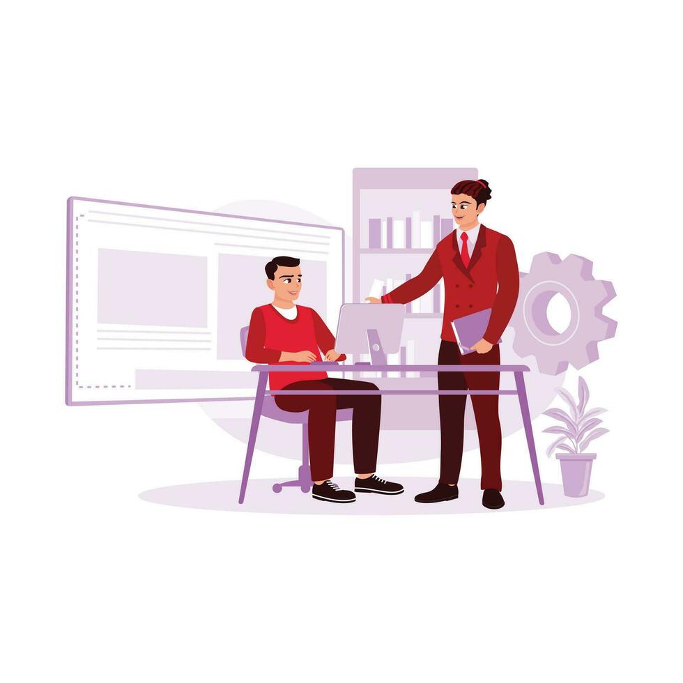 Young male designers discuss computer languages, and a designer explains web code to another designer. Computer Programming concept. Trend Modern vector flat illustration