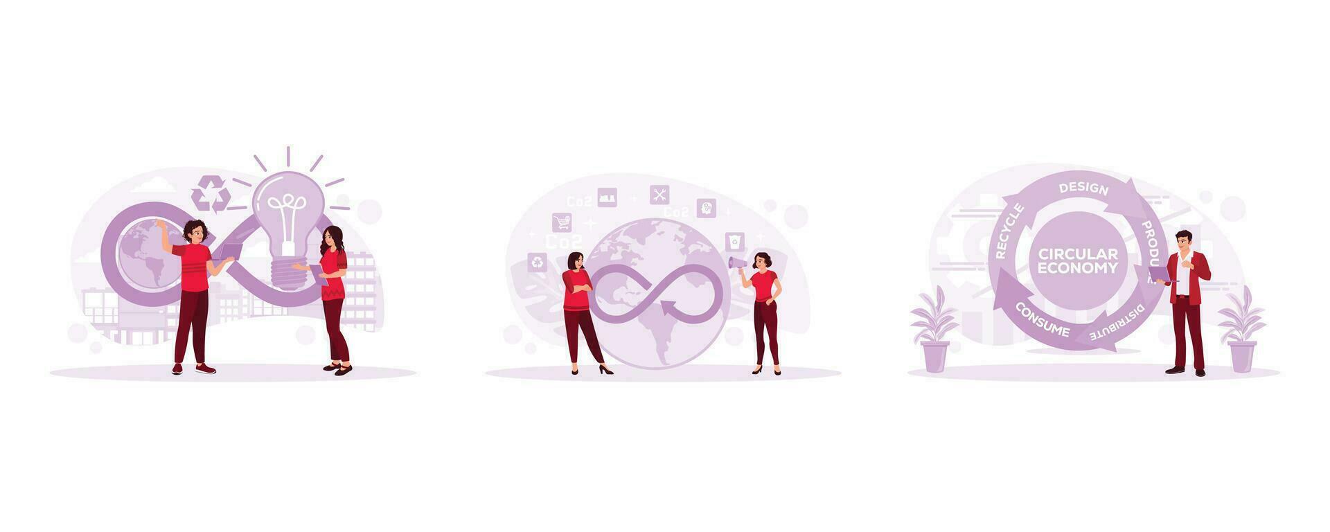 Exchange ideas about economics. Using binoculars to look at the circular economy. Examining economic turnover. Circular Economy concept. Set Trend Modern vector flat illustration