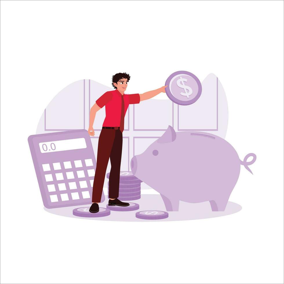 Businessmen holding the coins and putting them in a piggy bank, the strategy of saving money and investing for the future. Save Money concept. Trend Modern vector flat illustration