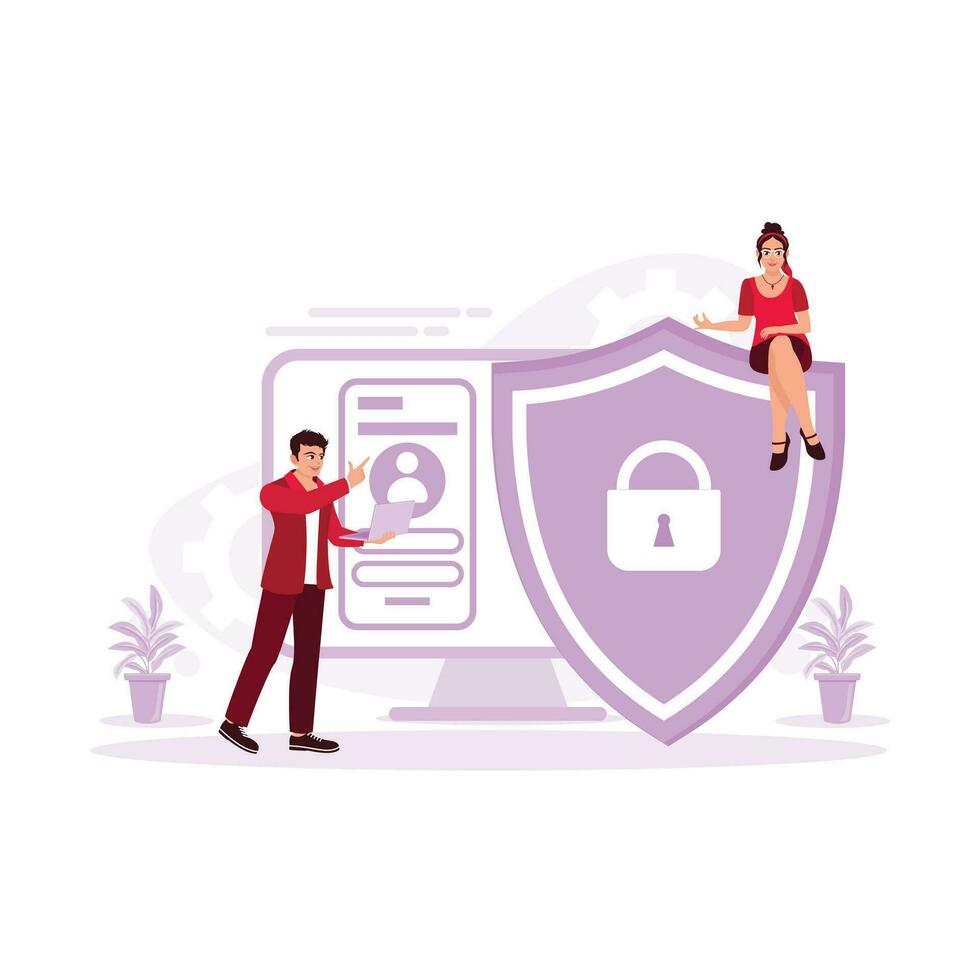 Protection of employee data security on computer laptops. The shield padlock icon on a computer screen.  Trend Modern vector flat illustration