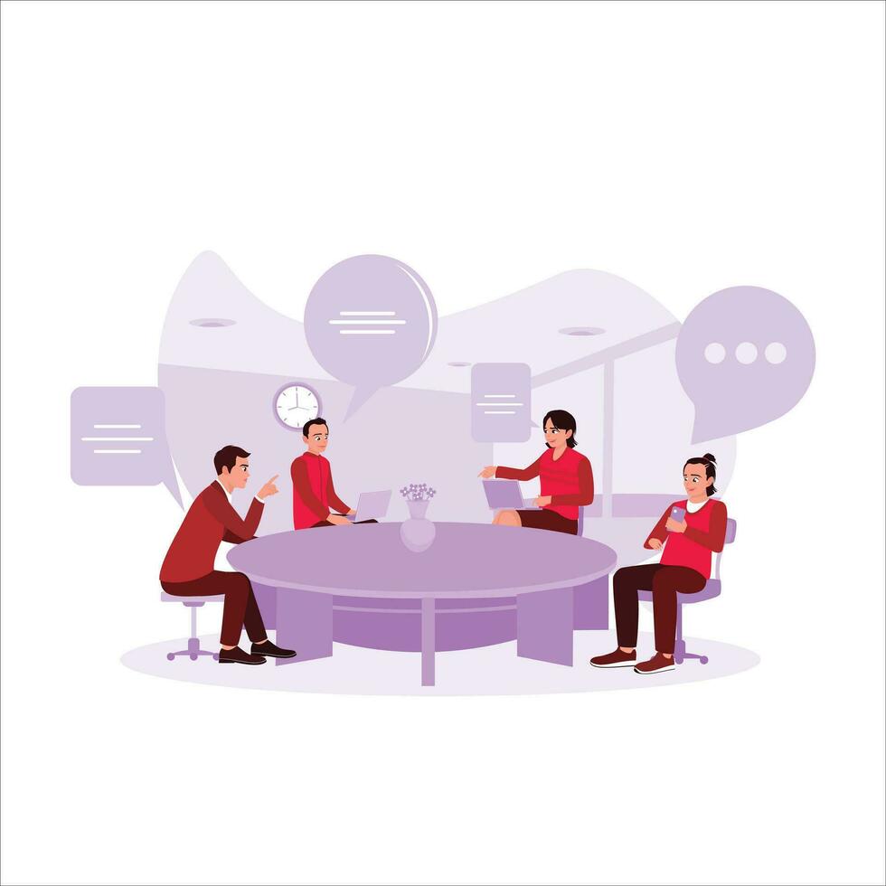 Business team sitting together in a meeting room, communicating with each other and planning work in front of the laptop. Company concept. Trend Modern vector flat illustration