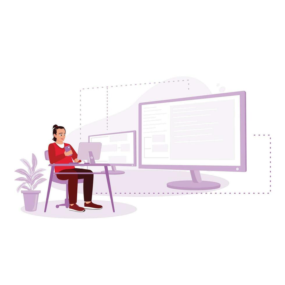 A man works in front of a computer in the office, a professional expert html database structure screen. Computer Programming concept. Trend Modern vector flat illustration