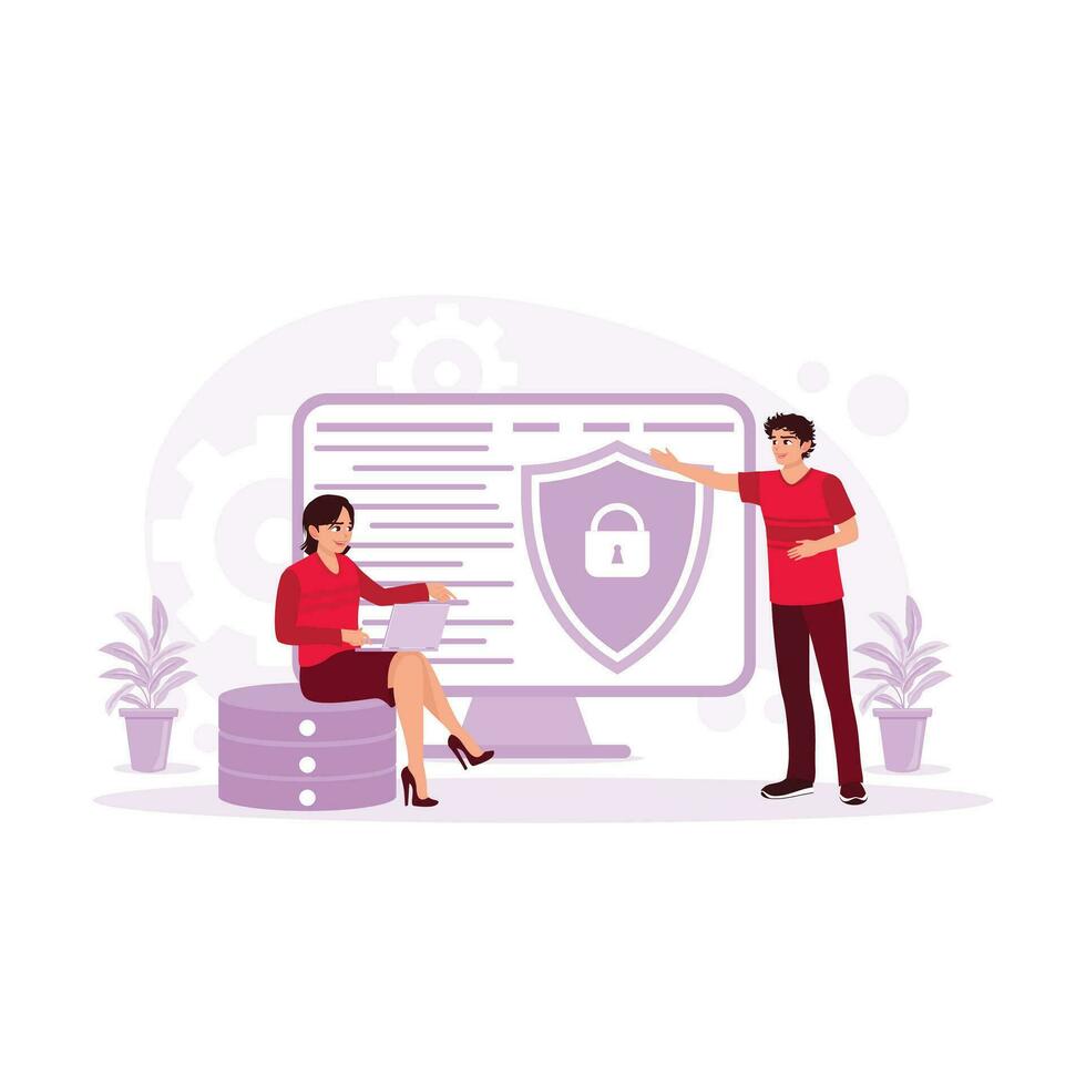 Smart female IT programmer working in data centre system control room. vector