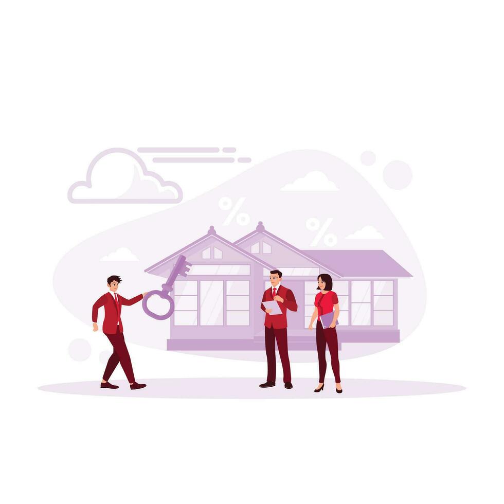 Real estate agent man holding key. Two businessmen inspecting a house for sale. Mortgage process concept. Trend Modern vector flat illustration