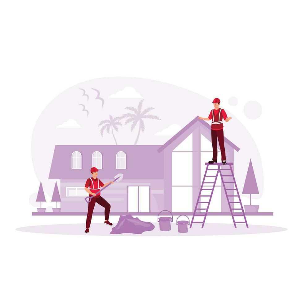 Construction workers are renovating a house. Home Renovation concept. Trend Modern vector flat illustration